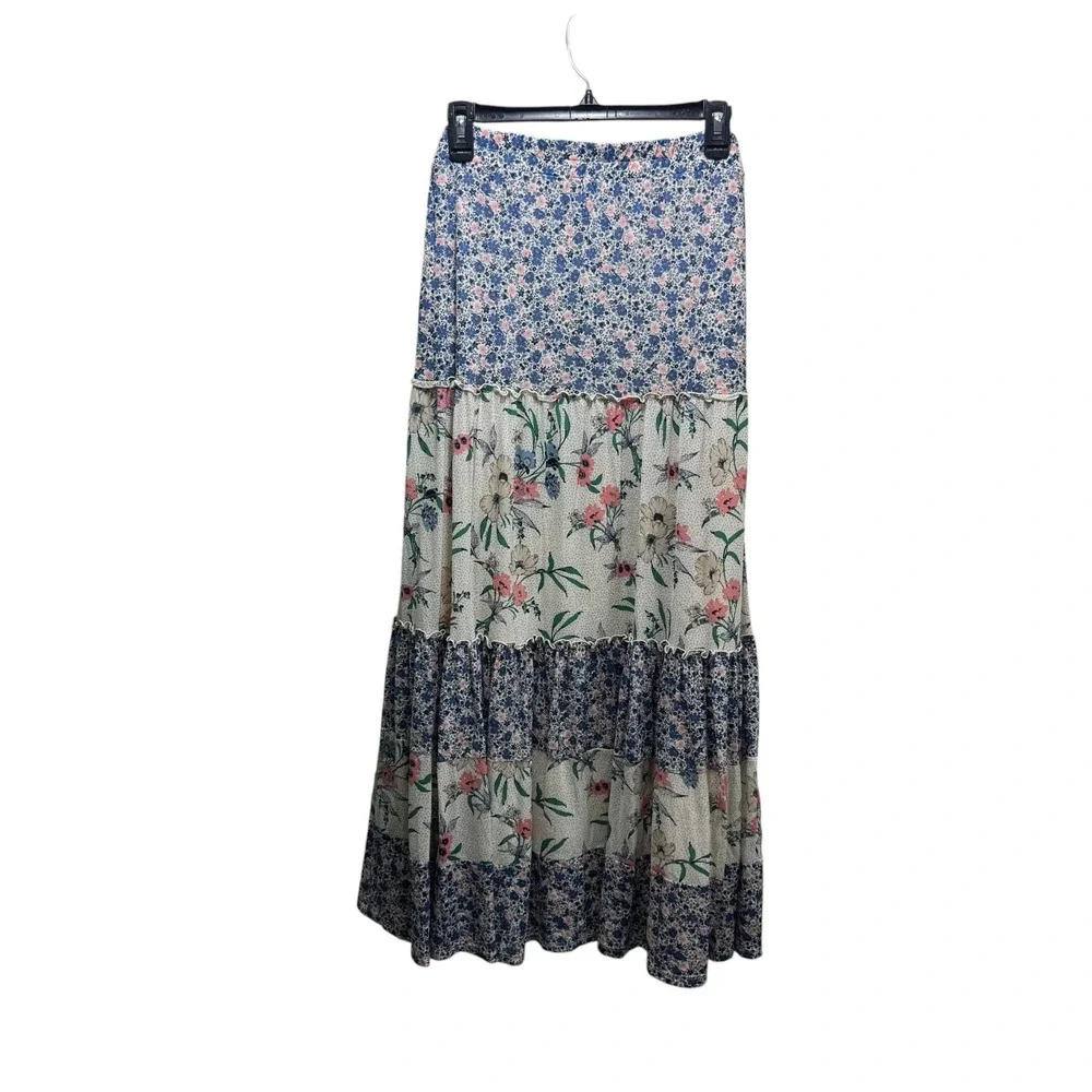 Boho Floral Mixed Print Tiered Maxi Skirt Cottagecore Ruffle Patchwork Long L